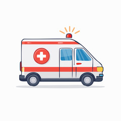 A cartoon illustration of a red and white ambulance with flashing lights, ready for emergency response.