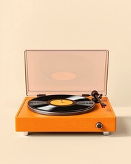 Fototapeta premium Vintage Turntable with Black Vinyl Record on Beige Background