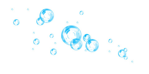 Blue soap bubbles, liquid sphere, foam freshness, underwater floating, vibrant dew, abstract shine, washing concept.