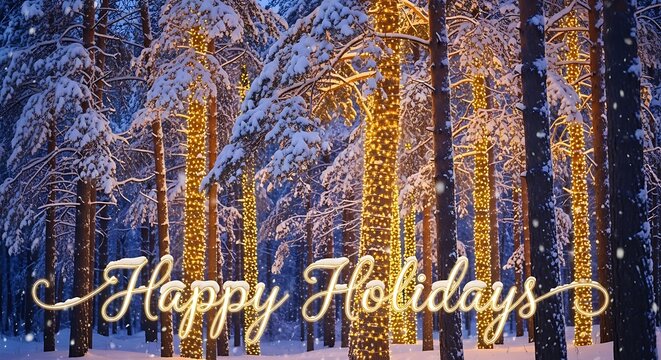 A winter wonderland scene with snowcovered trees adorned with warm holiday lights and a happy holidays message, creating a magical atmosphere
