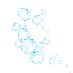 Transparent blue soap bubbles with glossy surface, floating in the air with light reflection. Delicate round sphere with crystal clear liquid drop effect. 