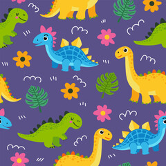 Dino vector pattern. Cute seamless pattern with colorful dinosaurs, tropical leaves and flowers on a purple background. Perfect dino illustratration for kids textiles, wallpapers, designs.