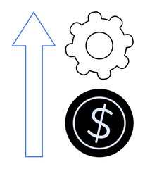 Blue upward arrow, gear, and dollar sign highlight themes of progress, efficiency, financial growth, and optimization. Ideal for business, success, economy teamwork strategy development simple