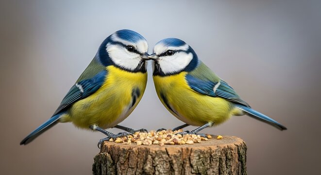 Captivating wildlife portrait featuring two eurasian blue tits birds on tree stump