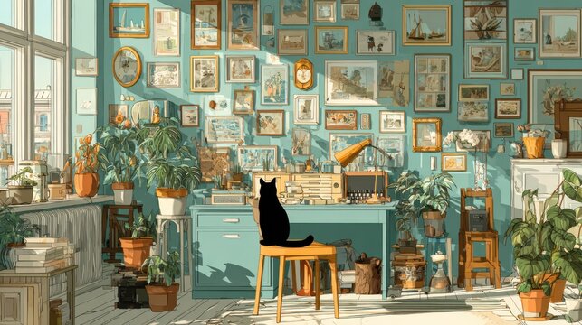 Cozy artist studio interior filled with artwork, plants, and a contemplative black cat