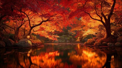 水面に映る紅葉ライトアップ、幻想的な秋の日本庭園