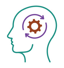 Thinking process and personal development icon. Human head with a rotating gear, symbolizing learning and adaptation.