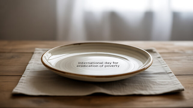 Empty plate on wooden table with text 'International day for eradication of poverty'