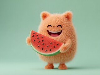 Cute Furry Character Holding a Slice of Watermelon on Green Background
