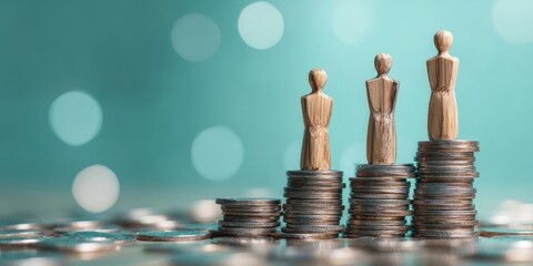 The wooden figures standing on stacked coins representing achievement and success.