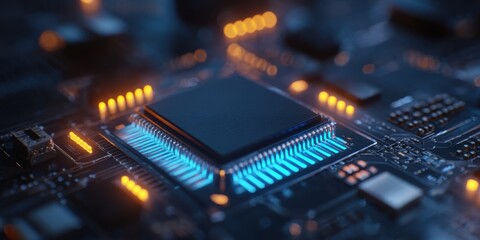 Obraz premium The vibrant microchip illuminating the intricate circuit board design.