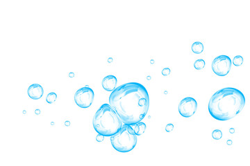 Blue soap bubbles, liquid sphere, foam freshness, underwater floating, vibrant dew, abstract shine, washing concept.