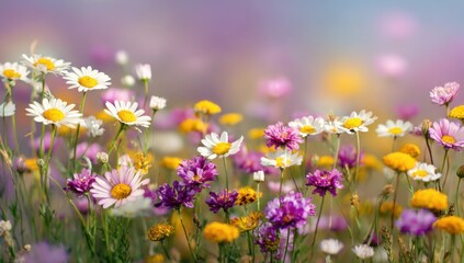 Fototapeta premium A vibrant field of wildflowers in soft pastel hues