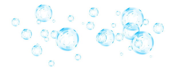Blue soap bubbles, liquid sphere, foam freshness, underwater floating, vibrant dew, abstract shine, washing concept.