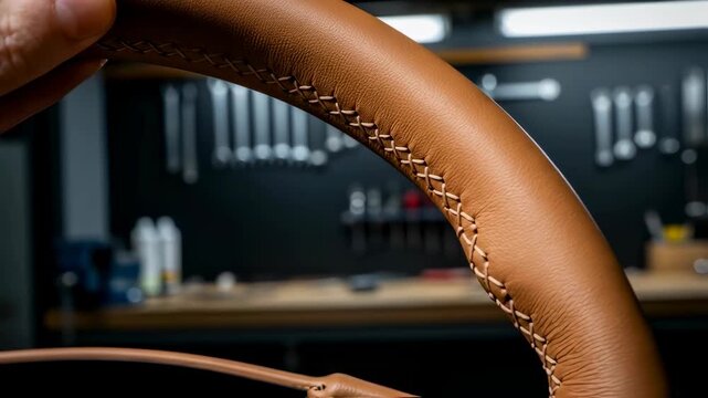 Close up of a man's hands stitching a leather car steering wheel cover in a workshop, craftsmanship process video.