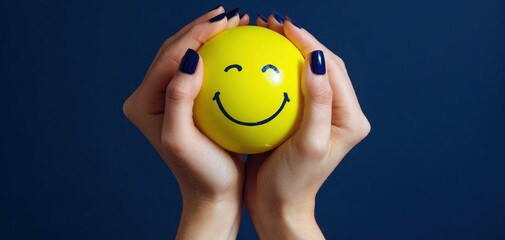 The cheerful yellow smiley ball held gently in hands.