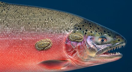 Close-up of a salmon with sea lice parasites attached to its body.