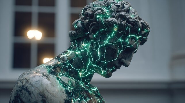 Antique statue bust with crack detailing illuminated - Powered by Adobe