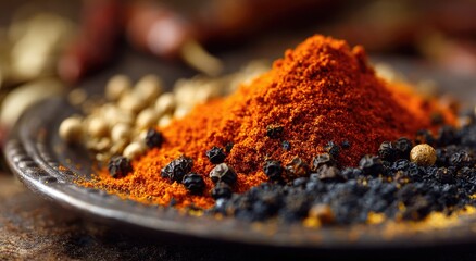 Close-up of various ground and whole spices on a dark plate (1)