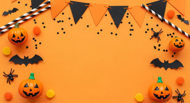Orange background with Halloween decorations: pumpkins, bats, spiders, candy, and bunting- perfect for party invitations or spooky themed designs, free space for text - Powered by Adobe