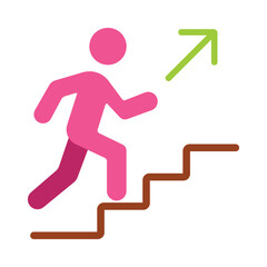 Icon of a person running up stairs with an upward arrow. Symbolizes career growth, success, and personal development.