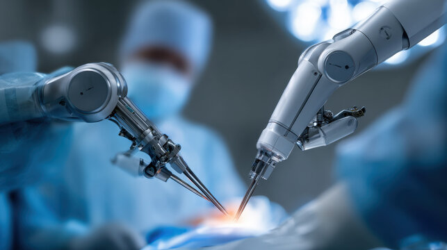 Robotic arms performing surgery with precision instruments in a medical environment under bright lights wearing gloves and masks focused on a surgical procedure.