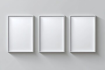 Three empty white picture frames mounted on a light gray wall