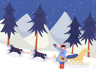 Nordic woman riding a reindeer sleigh in winter