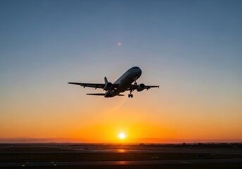 Silhouette of an airplane taking off into the sunset, creating a striking contrast against the vibrant colors of the sky during the golden hour