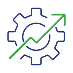 Operational excellence and performance improvement icon. A line art graphic of a gear with a growth arrow symbolizing workflow optimization.