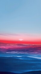 A vibrant sunset over a layered landscape, showcasing a gradient of blues and reds in the sky and low-lying clouds.  The scene is serene and peaceful, evoking a sense of calm