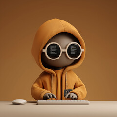 Hooded programmer wearing glasses coding on keyboard with code reflection in lenses, cybersecurity and hacking concept