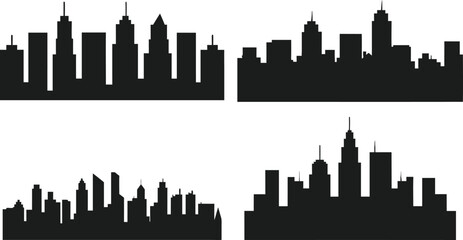 Naklejka premium City silhouette set vector illustration. Isolated Set of black city silhouette. Night town skyline icons. Eps 10