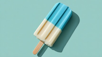 Minimalist realistic flat lay of blue and white striped ice cream bar on pastel green background, paper-cut style with soft lighting, no shadow, glossy treat for food-themed designs