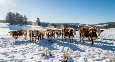 Cattle herd in a snowy field on a sunny day, winter animal agriculture