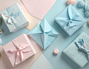 Gifts wrapped in pastel shades of pink and blue as might be given on an occasion such as a birthday, valentine or gender reveal.