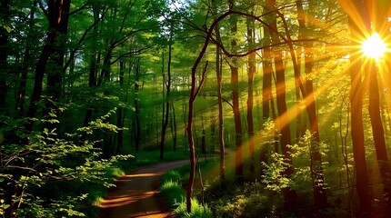 Fototapeta premium Lush green forest with warm sunlight