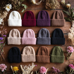 A cozy and colorful flat lay of handmade knitted winter beanies in a rainbow of shades, beautifully arranged on a rustic wooden background with dried flowers.
