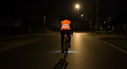 Night cycling with safety vest on asphalt road illuminated by street lights