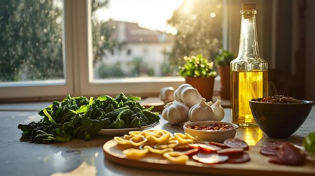 Warm kitchen sunlight window scene with fresh spinach garlic olive oil pasta salami chili on rustic wood board cozy home cooking atmosphere