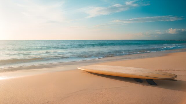 Surfboard on a sandy beach with ocean waves and sky surfboard, beach, sand, ocean, sea.