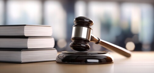 The gavel symbolizing justice and law in a professional courtroom setting.