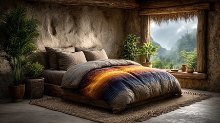 A realistic high-definition photo of a boho bedroom with macrame and colorful bedding.