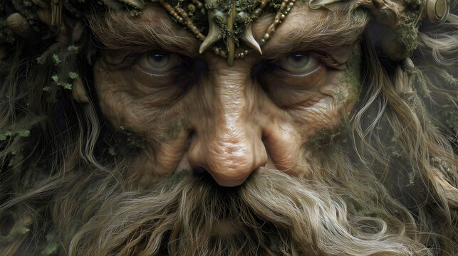
An intense close-up of the powerful Slavic god Veles, a fierce and angry forest god, a mythical pagan deity and protector of the wild, a fantasy portrait from ancient Slavic mythology.

