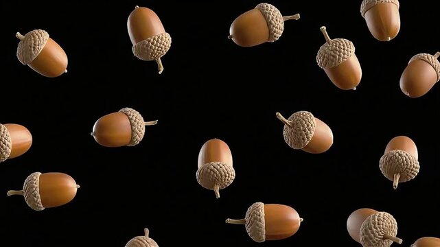 A Seamless Loop of Realistic Acorns Falling on a Black Background.