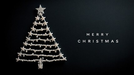A Christmas tree made of silver stars and white pearls, with the words "Merry Christmas" on a black background