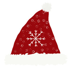 Red Santa hat with snowflake pattern and fluffy trim, festive winter holiday illustration for Christmas decoration and design