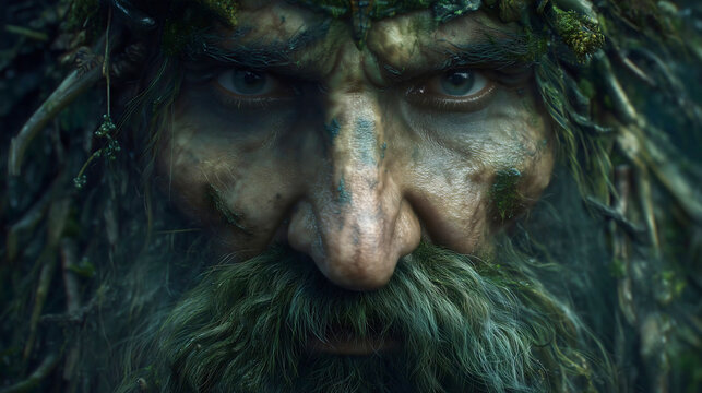 The face of Veles, the primal Slavic god of the earth, a wild forest deity with a green mossy beard, a powerful pagan character from mythology, a concept of nature, the underworld and old beliefs.




