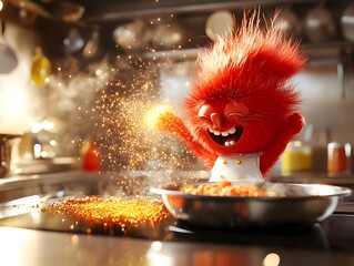 Cheerful Red Character Sprinkles Magic in the Kitchen During Cooking