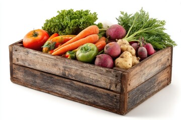Wooden crate overflowing with fresh produce.  Colorful assortment of vegetables, including carrots, tomatoes, peppers, lettuce, beets, and potatoes, nestled together in a rustic crate. 